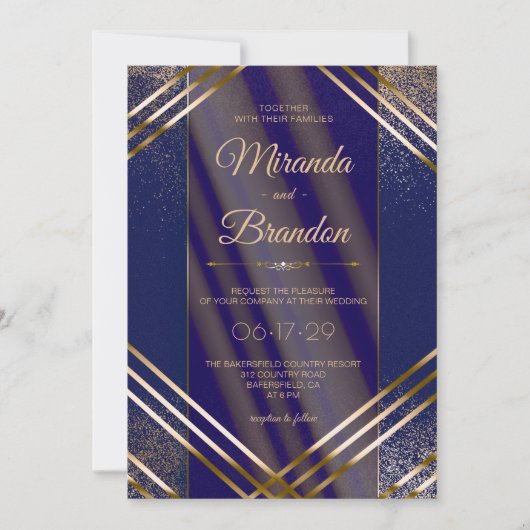 Modern chique gouden Confetti marineblauw bruiloft Kaart (Voorkant)