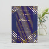 Modern chique gouden Confetti marineblauw bruiloft Kaart (Staand voorkant)