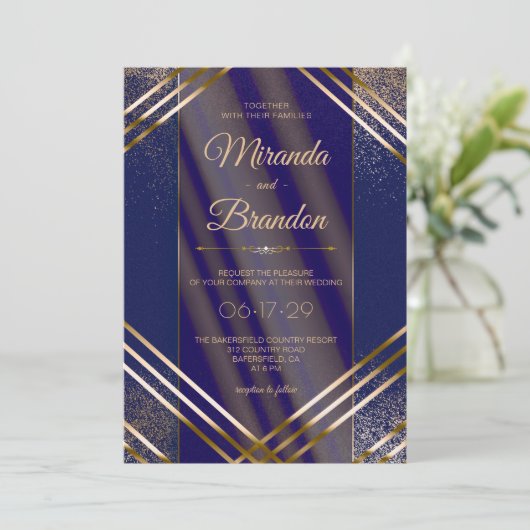 Modern chique gouden Confetti marineblauw bruiloft Kaart (Staand voorkant)