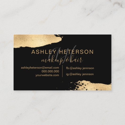 Modern chique gouden folie penseelstreek make-up m visitekaartje (Achterkant)