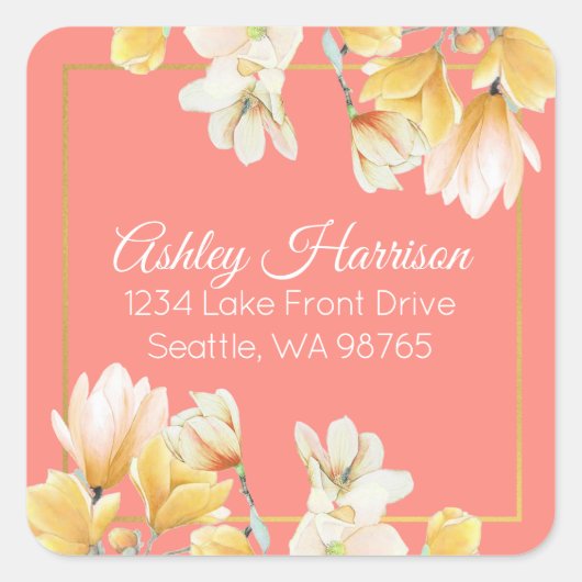 Modern chique gouden koraal bloemen retouradres vierkante sticker (Voorkant)