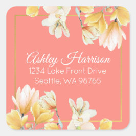 Modern chique gouden koraal bloemen retouradres vierkante sticker