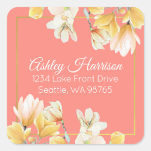 Modern chique gouden koraal bloemen retouradres vierkante sticker