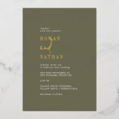 Modern chique goudfolie olijfgroen Casual bruiloft Folie Uitnodiging (Voorkant)