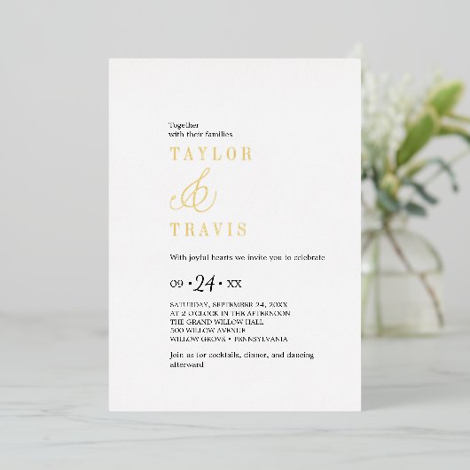 Modern chique goudfolie zwart wit Casual bruiloft Folie Uitnodiging (Staand Voorkant)