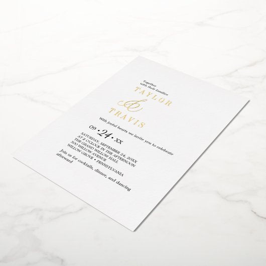 Modern chique goudfolie zwart wit Casual bruiloft Folie Uitnodiging (Gedraaid)