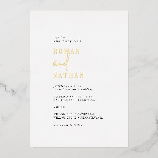 Modern chique goudfolie zwart wit Casual bruiloft Folie Uitnodiging (Voorkant)