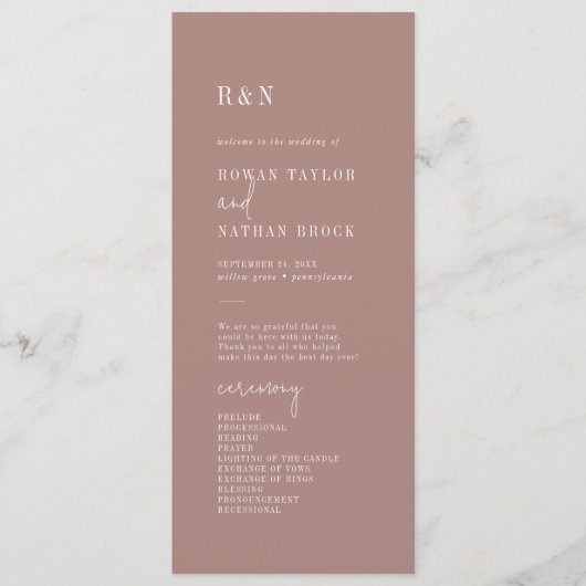 Modern Chique Kaneel Roze Vlak Huwelijksprogramma Programmakaart (Voorkant)