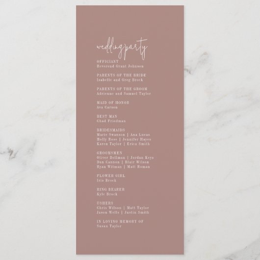 Modern Chique Kaneel Roze Vlak Huwelijksprogramma Programmakaart (Achterkant)