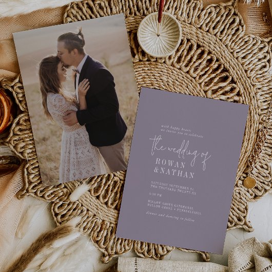 Modern chique lavendel Paarse foto terug bruiloft Kaart