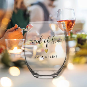 Modern Chique Maid of Honor Script Gold Heart Naam Wijnglas Zonder Voet