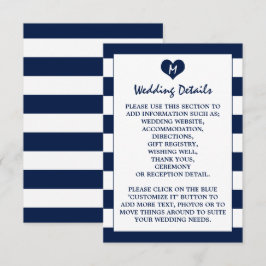 Modern chique marine blauw & wit bruiloft detail informatiekaartje