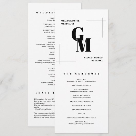 Modern chique minimalistisch monogram QR-code brui Programmakaart (Voorkant / Achterkant)