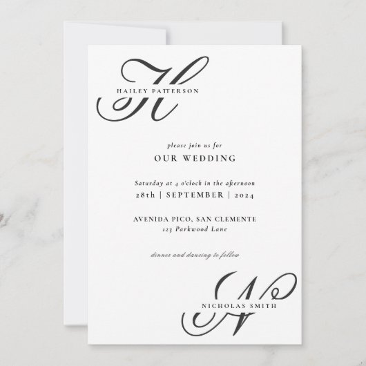 Modern Chique Monogram Zwart-wit Bruiloft Kaart (Voorkant)