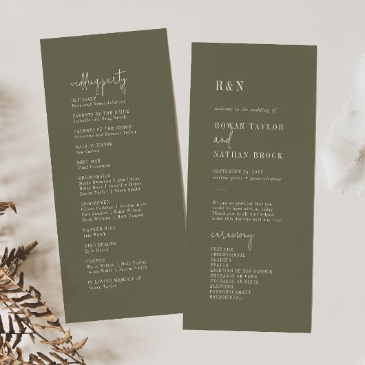 Modern chique olijfgroen plat huwelijksprogramma programmakaart