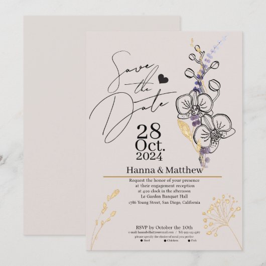 Modern chique orchidee zwart & Paarse Save The Date (Voorkant / Achterkant)