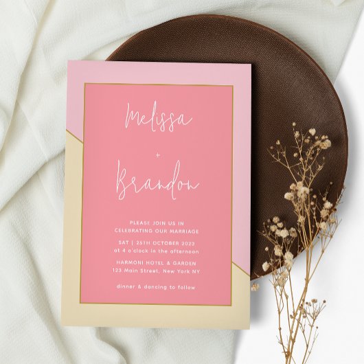 Modern chique pastel roze crème gouden script brui kaart