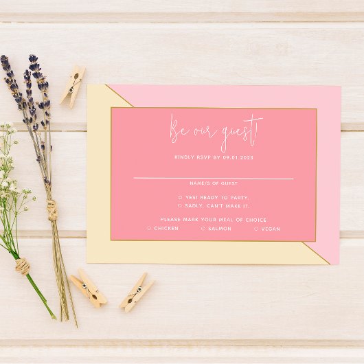 Modern chique pastel roze crème gouden script brui RSVP kaartje