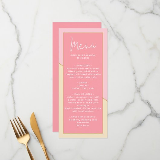Modern chique pastel roze goud & script bruiloft menu (Voorkant / Achterkant in situ)