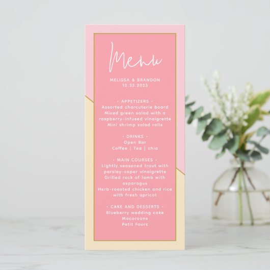 Modern chique pastel roze goud & script bruiloft menu (Staand voorkant)