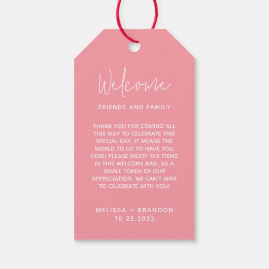 Modern chique pastel roze script bruiloft welkom cadeaulabel (Achterkant)