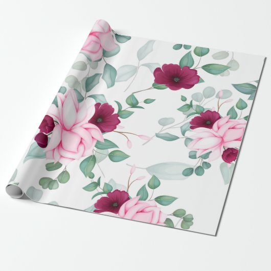 Modern chique rood, roze bloemig cadeaupapier (Uitgerold)
