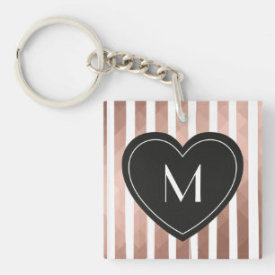 Modern chique roze gouden strepen zwart hart monog sleutelhanger