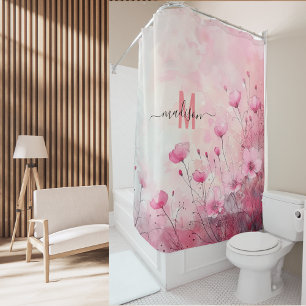 Modern Chique Roze Monogram Elegant Script Bruilof Douchegordijn