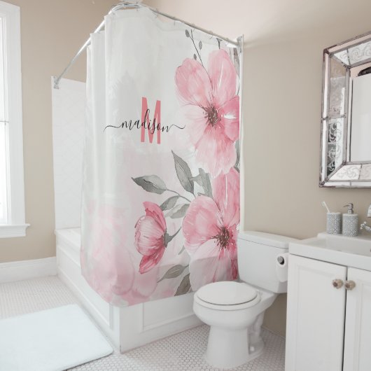 Modern Chique Roze Monogram Grappig Script Bruilof Douchegordijn (In situ)