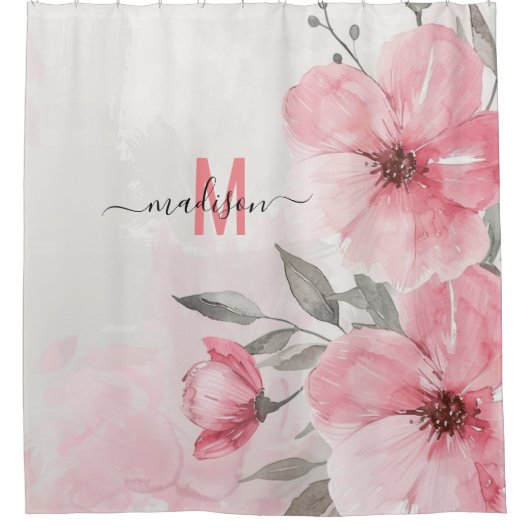 Modern Chique Roze Monogram Grappig Script Bruilof Douchegordijn (Voorkant)