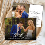 Modern chique script 2 foto bruiloft dank u kaart<br><div class="desc">Modern Elegant Chic Kalligrafie Script Wedding 2 Foto Dank je kaart. Stijlvolle bruiloft dank u sjabloon met een volledige verticale foto op de voorkant met de tekst "Thank You" in een grillige wervelende hand belettering typografie script swash tail font in witte overlay op het afbeelding en een achterkant een (1)...</div>