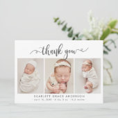 Modern chique script Baby 3 fotocollage dank u Bedankkaart (Staand voorkant)