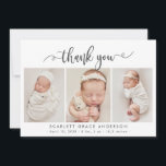 Modern chique script Baby 3 fotocollage dank u Bedankkaart<br><div class="desc">Modern Elegant Chic Script 3 Fotocollage Pasgeboren Baby Dank u Geboorte Aankondiging Kaart. Beschikt over een "dank u" tekst in een handgeschreven kalligrafie swirly swash tail lettertype script in zwart-wit. Vooraf gemaakte persoonlijke boodschap en geboortestatistieken met de naam van de baby zijn inbegrepen. Geweldig voor baby meisje of baby jongen....</div>