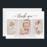 Modern chique script Baby 3 fotocollage dank u Bedankkaart<br><div class="desc">Modern Elegant Chic Script 3 Fotocollage Pasgeboren Baby Dank u Geboorte Aankondiging Kaart. Beschikt over een "dank u" tekst in een handgeschreven kalligrafie swirly swash tail lettertype script in zwart-wit. Vooraf gemaakte persoonlijke boodschap en geboortestatistieken met de naam van de baby zijn inbegrepen. Geweldig voor baby meisje of baby jongen....</div>