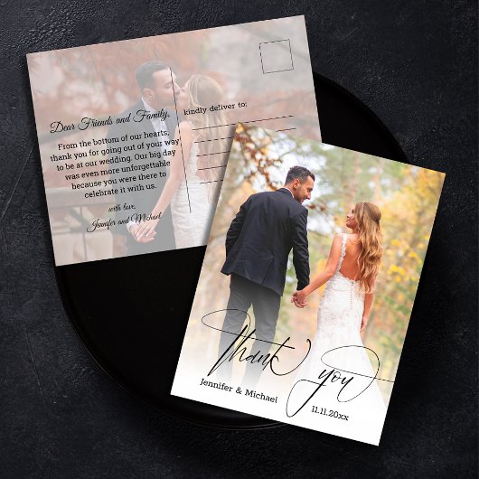 Modern chique script Bedankt 2 foto's bruiloft Briefkaart