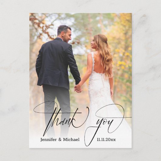 Modern chique script Bedankt 2 foto's bruiloft Briefkaart (Voorkant)