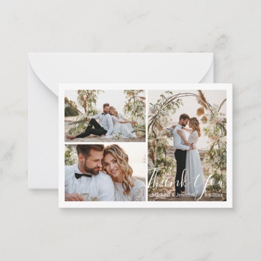Modern chique script bruiloft 3 foto's dank u notitiekaartje (Voorkant)