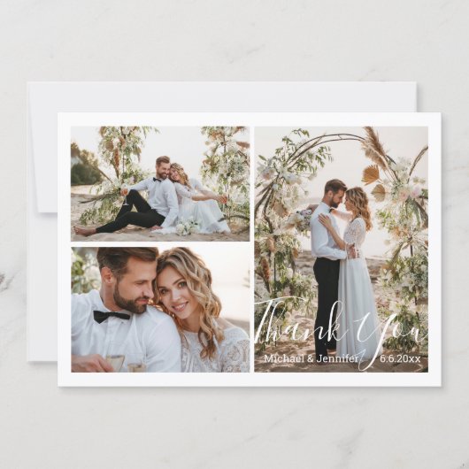Modern chique script bruiloft 3 foto's dank u notitiekaartje (Voorkant)