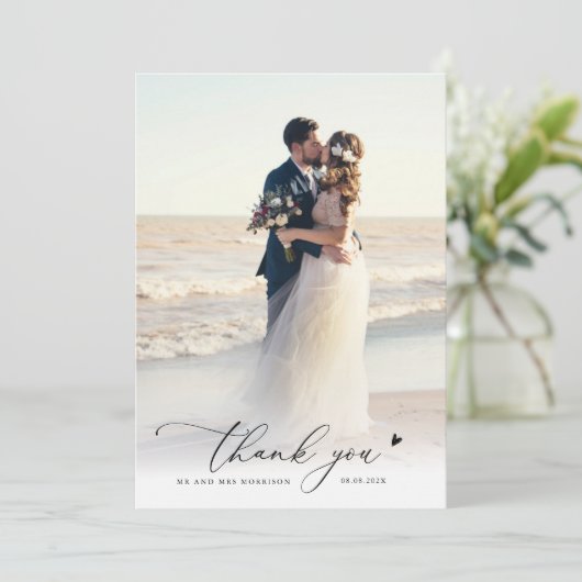 Modern chique script foto bruiloft dank je wel bedankkaart (Staand voorkant)