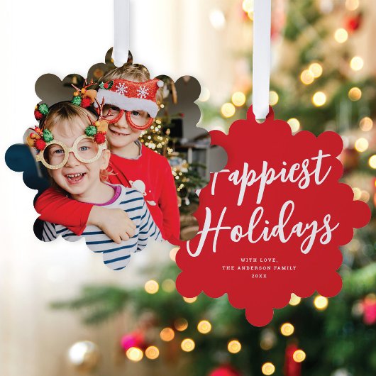 Modern chique script grote foto kerstvakantie ornament kaart