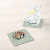 Modern chique script loof krans foto bruiloft kartonnen onderzetters (Insitu)