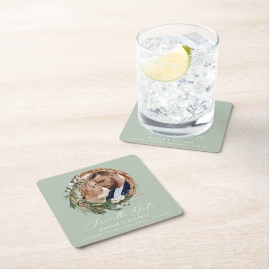 Modern chique script loof krans foto bruiloft kartonnen onderzetters (Insitu)