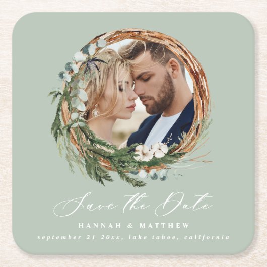 Modern chique script loof krans foto bruiloft kartonnen onderzetters (Voorkant)