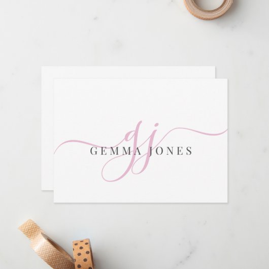 Modern chique script roze monogram Initialen minim Notitiekaartje (Voorkant / Achterkant in situ)