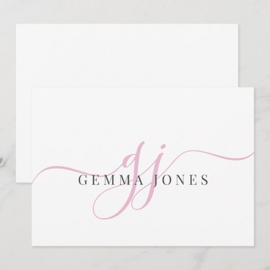 Modern chique script roze monogram Initialen minim Notitiekaartje (Voorkant / Achterkant)