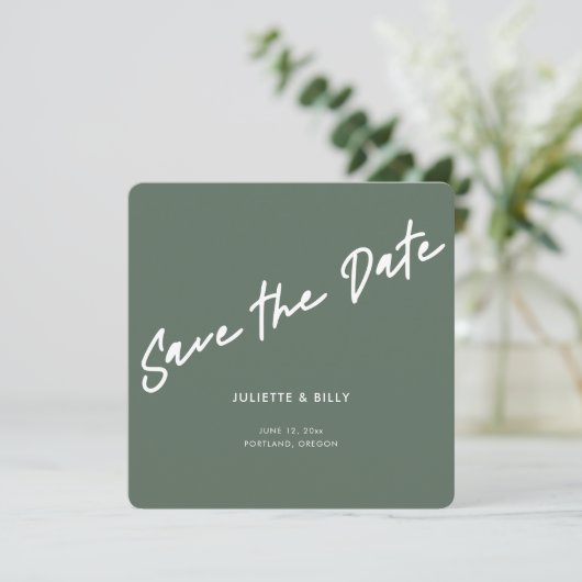 Modern Chique Script Sage Groen Vierkant Save The Date (Staand voorkant)