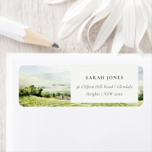 Modern chique Waterverf wijngaard landschapsadres Etiket (Insitu)