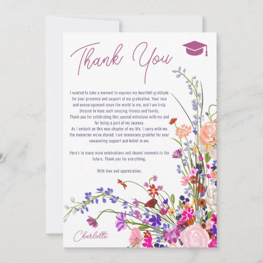 Modern chique wilde bloemen script afstuderen bedankkaart (Voorkant)