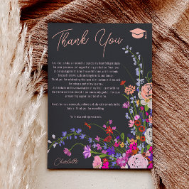 Modern chique wilde bloemen script donker afstuder bedankkaart