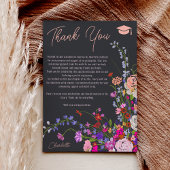 Modern chique wilde bloemen script donker afstuder bedankkaart